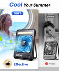 Ultra Quiet 10000mAh Portable Travel Fan with LED Lantern, showing cooling effect next to a window with relaxed person