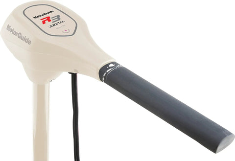 Chill On The Water With This Built Tough 45 Lb Peak Transom Mount Trolling Motor featuring twist tiller handle and attached power line.