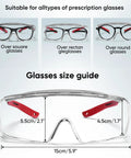 Over Glasses Safety Goggles With Anti Fog And Scratch Resistant Lenses ANSI Z87 Certified Eyewear size guide showing fit over various glasses