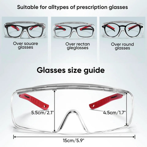 Over Glasses Safety Goggles With Anti Fog And Scratch Resistant Lenses ANSI Z87 Certified Eyewear size guide showing fit over various glasses