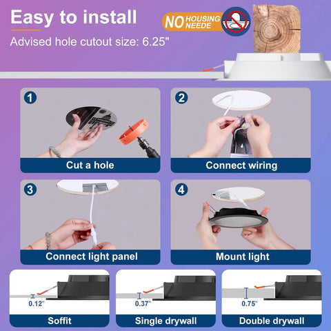 Installation steps for Smart RGBCW 6 Inch Recessed Ceiling Light Color Changing 16W LED Dimmable With Bluetooth and Alexa Control.