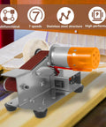 Heavy Duty Mini Sander With Angled Belt And 7 Speed Adjustments, detailed stainless steel structure for precision sanding.