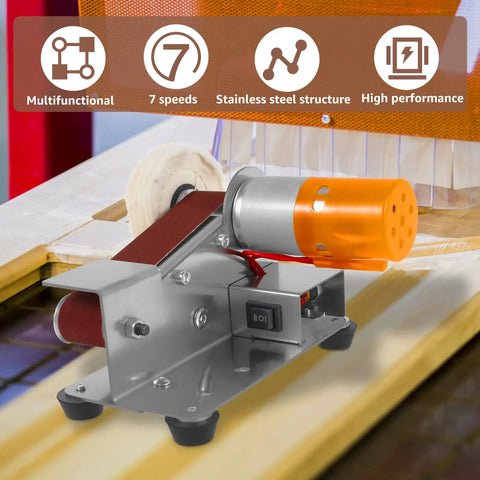 Heavy Duty Mini Sander With Angled Belt And 7 Speed Adjustments, detailed stainless steel structure for precision sanding.