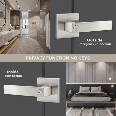 Six Pack Satin Nickel Lever Door Handles Set for Privacy Lock Heavy Duty Interior Door Hardware with bedroom and bathroom view