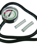 Front view of Lisle 20300 vacuum gauge and fuel pump tester with black hose and metal adapters