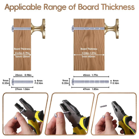 Diagram showing board thickness and screw length for 2 Pack Brushed Gold Kitchen Cabinet Knobs For Dresser Drawers And Cupboards, 1.46 Inch Round Vintage Sunflower Zinc Alloy Pulls, Durable Hardware For Cabinets Closets Doors