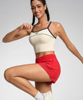 Woman wearing Womens Quick Dry Running Shorts 2.5 Inch Inseam With High Waisted Zip Pockets Lightweight Gym Shorts Built In Liner Red XS