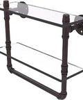 Rustic Modern 16 Inch Double Towel Bar With Glass Shelf In Antique Bronze From Pipeline Collection Built With Powder Coated Brass Pipe