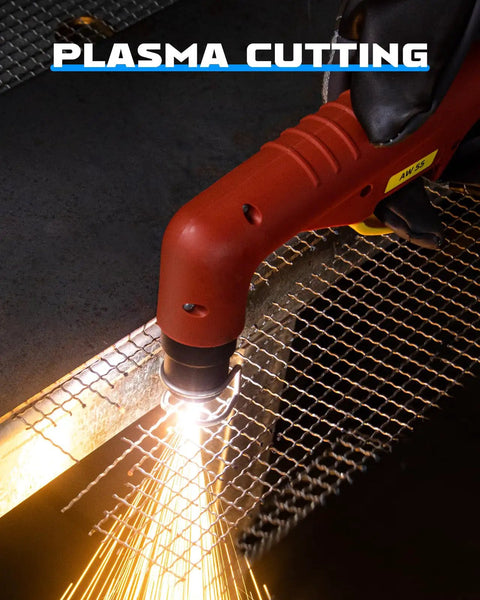 Plasma Cutter Torch Consumables Kit For Cut 55L in use cutting metal with sparks flying, showcasing smooth performance and precision.