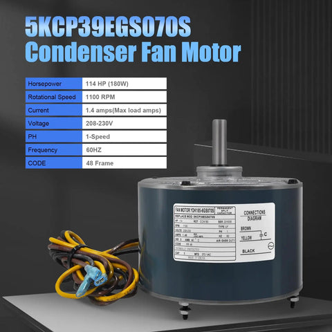 Condenser Fan Motor For AC Unit 1/4 HP 1100 RPM 208 230V Replacement with wiring and specifications