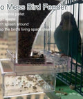 Two Pack Automatic No Mess Bird Cage Feeder Set With Clear Acrylic Food Tray And Blue Water Dispenser For Parrots, close-up view.