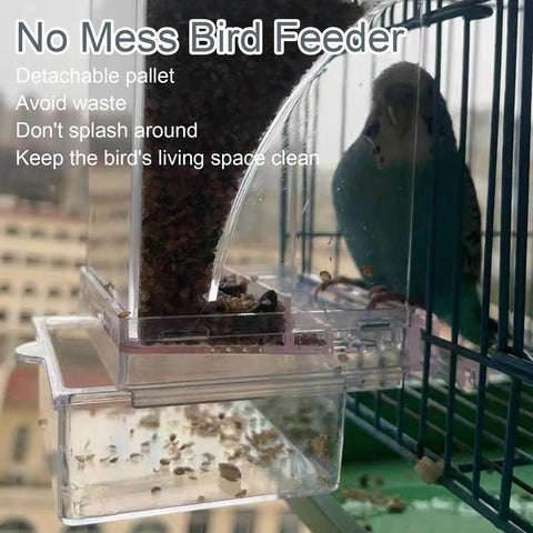 Two Pack Automatic No Mess Bird Cage Feeder Set With Clear Acrylic Food Tray And Blue Water Dispenser For Parrots, close-up view.