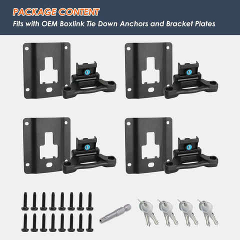 Heavy Duty Truck Bed Tie Down Anchors With Boxlink Cleats And Mounting Plates, four anchor brackets and accessories for secure gear.