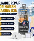Heavy Duty White Fiberglass Boat Repair Kit With Tough As Nails Gel Coat Paste To Patch Pits Cracks Gouges On Jet Skis Kayaks And Any Marine Rig Fast Cure, includes supplies for repairing damage.