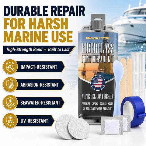Heavy Duty White Fiberglass Boat Repair Kit With Tough As Nails Gel Coat Paste To Patch Pits Cracks Gouges On Jet Skis Kayaks And Any Marine Rig Fast Cure, includes supplies for repairing damage.