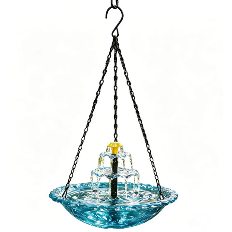 Solar Powered Cascade Hanging Bird Bath Fountain With No Battery Needed Water Pump Dispenser for Outdoors in Blue, glass bowl design