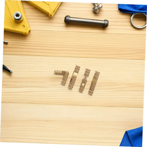 Brass Barrel Hidden Hinges For Small Jewelry Boxes with tools on wooden surface, 25 pieces pack