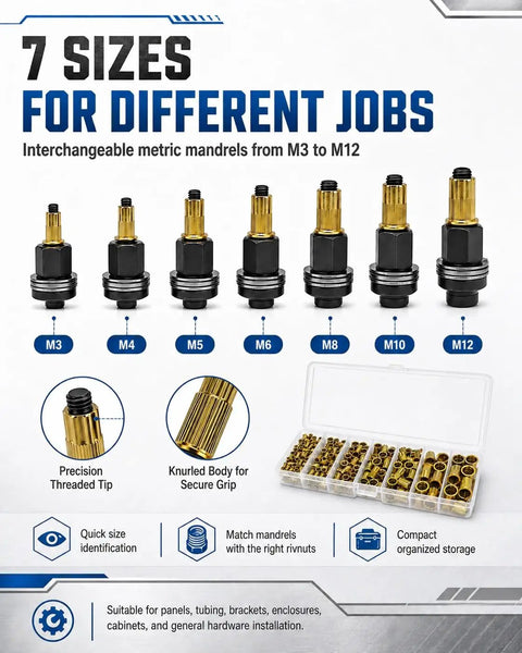 Heavy Duty Carbon Steel Rivet Nut Tool Set With Metric Mandrel Head For Installing Threaded Inserts In Sheet Metal Perfect For Home Garage And Fabrication Shops. M3-M12 mandrels and organizer case