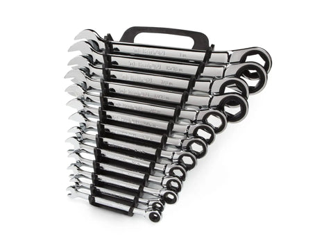 Ratcheting Wrench Set, Thirteen Piece, From Quarter Inch To One Inch, With Wrench Holder, Six Point Box Ends Grip Flat Sides