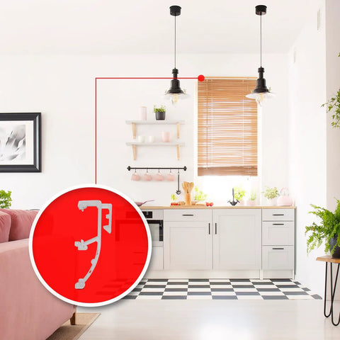 Premium Clear Double Slat Valance Clips To Tuck Away Mini Blind Brackets installed on one inch rail in bright kitchen.