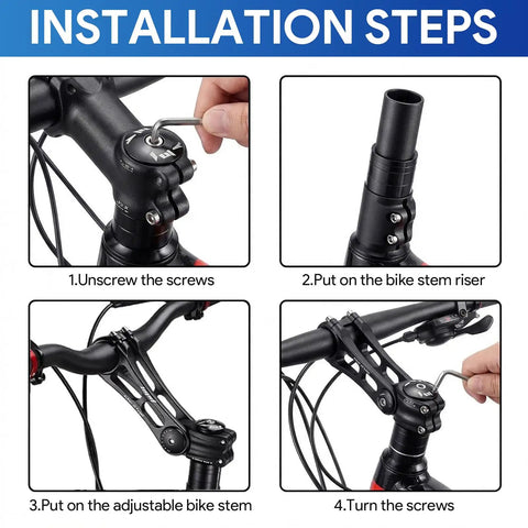 Installation steps for Adjustable Bike Stem Riser Extender For 31.8mm Handlebars And 28.6mm Forks Universal Stem With 80 Degree Angle
