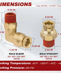 Three Eighths Push To Connect Pro Grade Brass Fittings Kit Straight And 90 Degree Elbow Combo DOT Approved dimensions chart