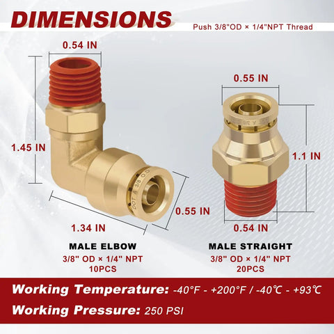 Three Eighths Push To Connect Pro Grade Brass Fittings Kit Straight And 90 Degree Elbow Combo DOT Approved dimensions chart