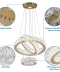 Dimmable Dope Modern LED Chandelier With Three Ring Pendant Lights, featuring crystal rings and adjustable titanium gold frame.