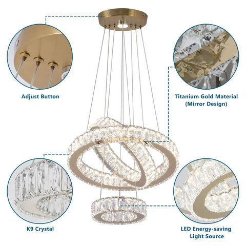 Dimmable Dope Modern LED Chandelier With Three Ring Pendant Lights, featuring crystal rings and adjustable titanium gold frame.