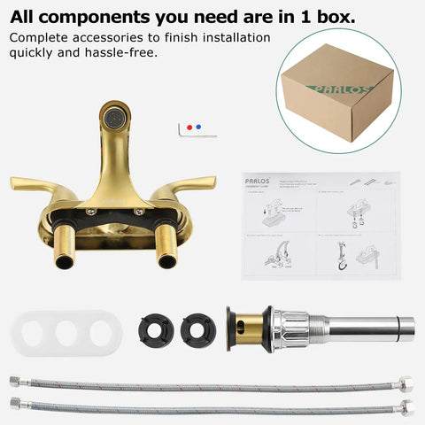 Two-Handle Bathroom Sink Faucet in Brushed Gold with Metal Push and Seal Pop-Up Drain, Included Supply Hose, Lead-Free, cUPC NSF 61 Certified, 3-Hole 4-Inch Centerset, No-Fuss Installation with installation kit