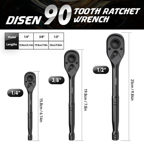 Heavy Duty Three Piece Ratchet Wrench Set Featuring Black Oxide Finish And Ergonomic Handles 1 4 3 8 And 1 2 Inch Drive Smooth Ninety Tooth Fast Swing Heads Garage Staple Built For Any Grease Monkey Job