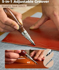 Person using 5-in-1 adjustable groover on leather with wood handle tool from Your Go To Leather Working Starter Kit With 101 Pieces