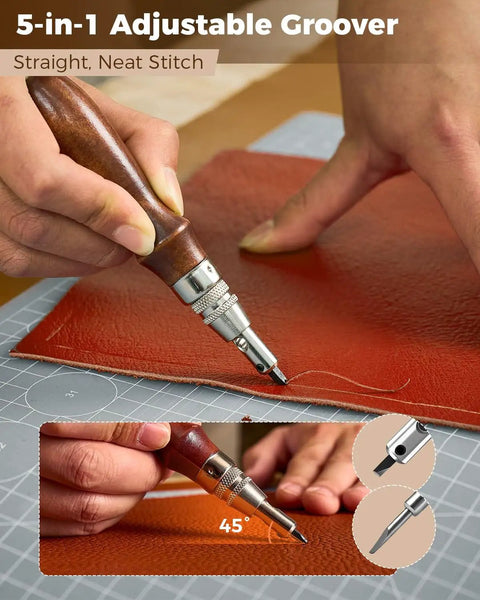 Person using 5-in-1 adjustable groover on leather with wood handle tool from Your Go To Leather Working Starter Kit With 101 Pieces