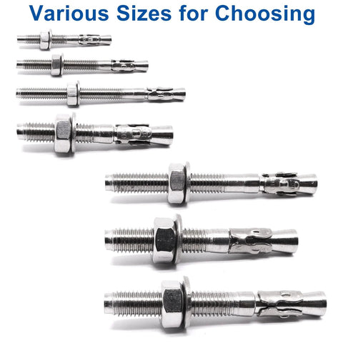 Assorted sizes of One Half Inch By Three And One Half Inch Stainless Steel Wedge Concrete Anchors Heavy Duty Bolts For Cement A2-70 Strength