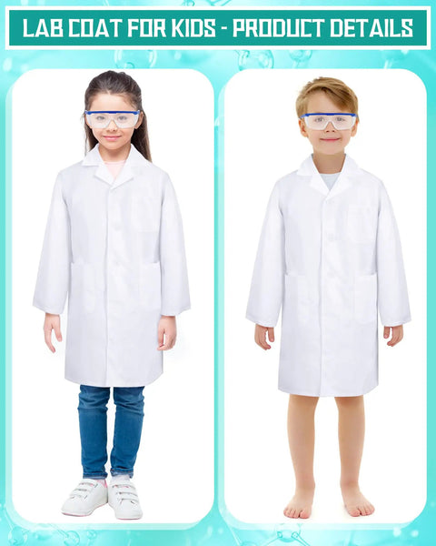 Kids wearing Six Set Of White Kids Lab Coats With Goggles And ID Card Holders, 18 Piece Doctor Scientist Dress Up Kit For Boys And Girls
