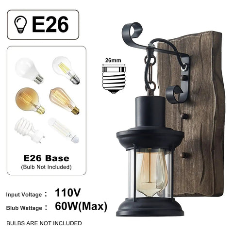 Set Of Two Rustic Industrial Wall Sconces In Black Metal With Wood Backplate Farmhouse Indoor Lighting with E26 base