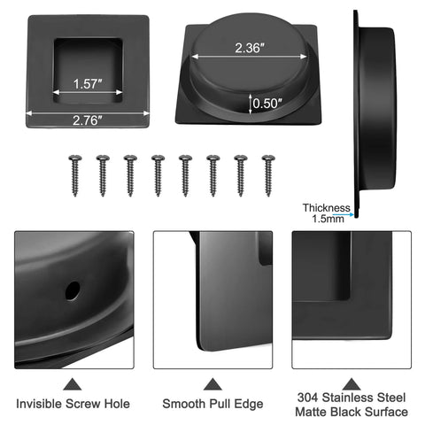 Two And Three Quarters Inch Recessed Finger Flush Pocket Door Pulls In Matte Black Stainless Steel Sliding Closet Door Handle Square Barn Door Hardware 2 Pack Built Tough For Daily Use Rust Proof Smooth Chamfered Edges. Multiple views showing measurements, smooth edge, and matte black finish.