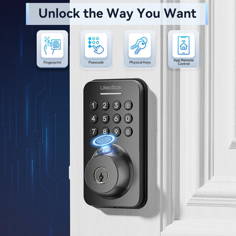 Keyless Entry Door Lock With Handle Set Built In WiFi Fingerprint App Control Doorbell No Key Hassle Smart Home Ready Electronic Keypad Deadbolt One Time Code Auto Lock Easy To Install For Airbnb Home And Office installed on white door
