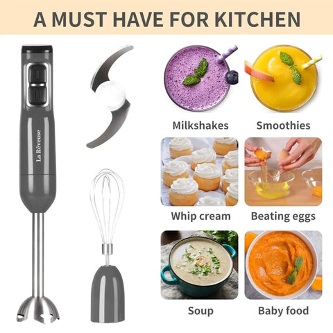 Heavy Duty Handheld Immersion Blender With 300 Watt Motor And Ultra Quiet Operation, includes whisk and blending attachments.