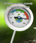 Close-up of 20 Inch Stainless Steel Soil Thermometer with Waterproof Stem for Compost Garden and Lawn Care in soil.