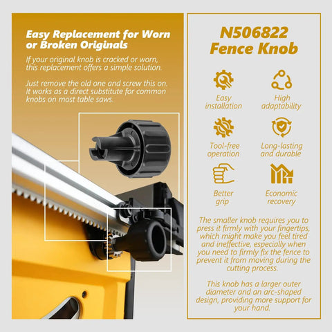 Precision Replacement Fence Knob For DeWalt Table Saw Compatible With DWE7491RS And N506822 Parts close-up on table saw fence.
