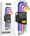 Long Ball End Hex Key Set 9 Piece Metric Allen Wrenches 1.5 To 10 Mm, color-coded CV steel in packaging with dimensions
