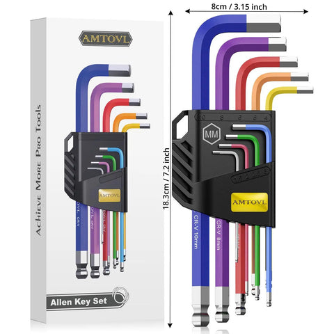 Long Ball End Hex Key Set 9 Piece Metric Allen Wrenches 1.5 To 10 Mm, color-coded CV steel in packaging with dimensions
