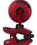 Back view of red ST-2 Multi Instrument Chromatic Tuner with clip showing USB port, rechargeable feature, eco friendly design