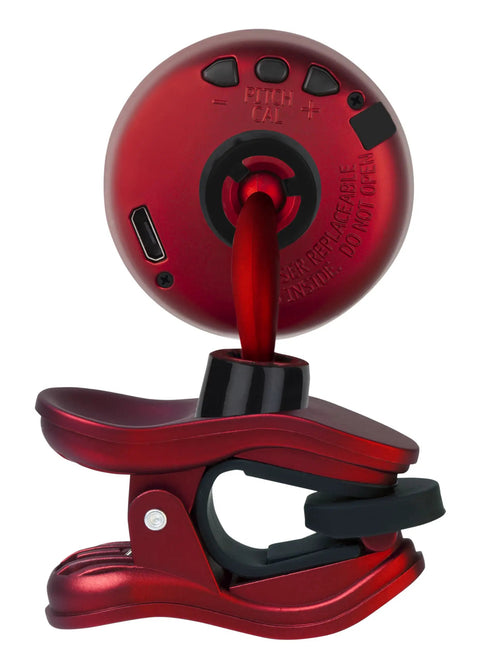 Back view of red ST-2 Multi Instrument Chromatic Tuner with clip showing USB port, rechargeable feature, eco friendly design