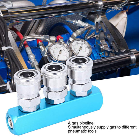Air Compressor Quick Connector And Fast Coupler For Pneumatic Tools Heavy Duty Aluminum Alloy Manifold Fitting With Easy Quick Disconnect SML-3 in use