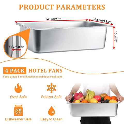Four Pack Full Size 6 Inch Deep Steam Table Pans Stainless Steel Serving Trays dimensions and features displayed
