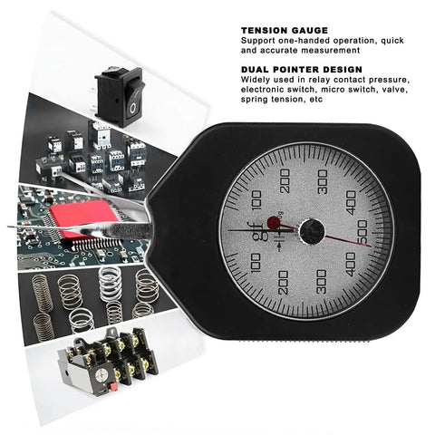 Dial Tension Gauge 500G High Accuracy Tension Meter Tester With Dual Pointer Portable Gram Force Gauge Tensiometer For Electronic Switches Relays Micro Switches And Spring Tension Testing, black ABS alloy dial
