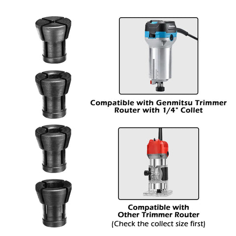 Router Collet Kit With Four Collets One Eighth Inch One Fifteen Sixty Fourth Inch One Quarter Inch And One Five Sixteenth Inch shown with routers