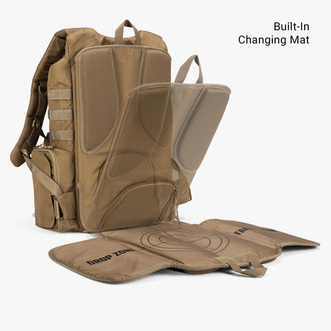 MOLLE Compatible Diaper Backpack for Dads With Built-In Changing Mat And Stroller Straps, Rugged 600D Tactical Daypack In Coyote Brown